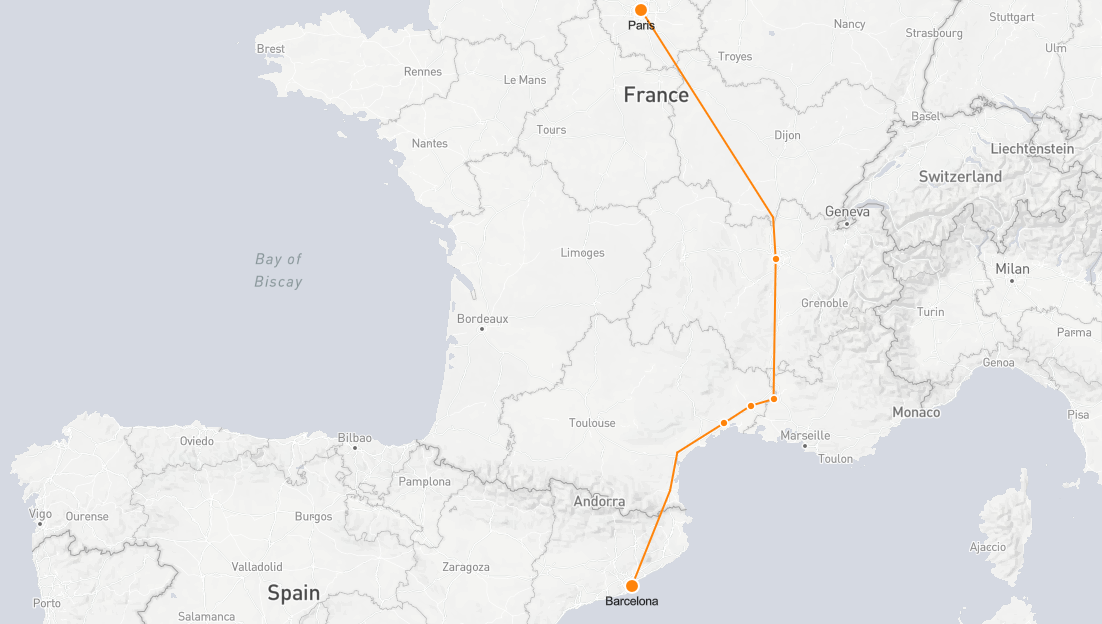 Paris to Barcelona Train Map