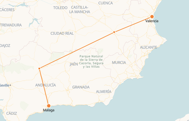 Malaga to Valencia Train Route